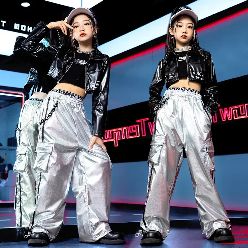 Kind Model Catwalk Stage Dance Show Kostuum Zwarte Navel Top Witte Broek danskleding Meisjes Jazzdans Hip Hop Outfit