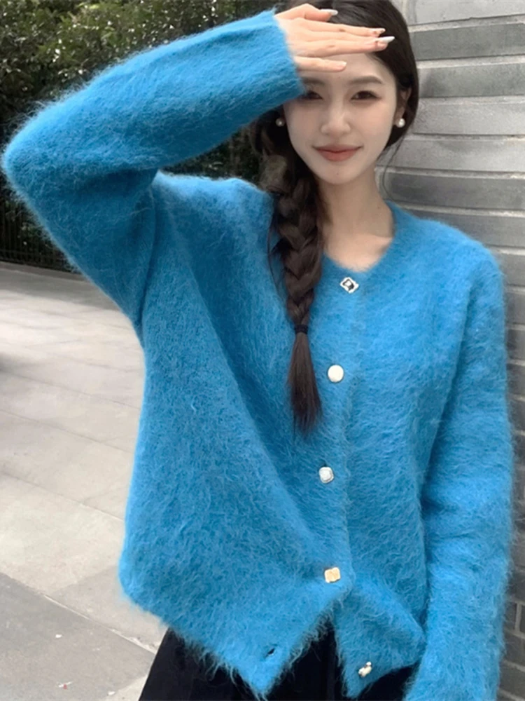 

Синий вязаный свитер, пальто на одной пуговице, однотонный, ленивый, женский осенний топ, теплый, длинный свек, круглый, внешний...