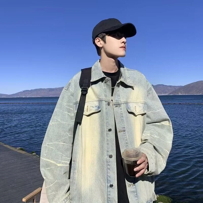 

Мужская джинсовая куртка с лацканами и пуговицами по самой низкой цене, популярная корейская одежда, фирменная изношенная роскошная новая свободная мужская джинсовая куртка