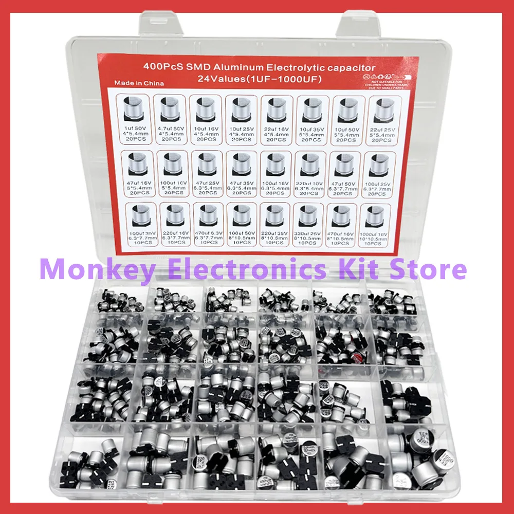 400PCS SMD Aluminu Electrolytic Capacitor Kit condensadores electrolíticos 1uF~1000uF 6.3V-50V 24 Values with box kit
