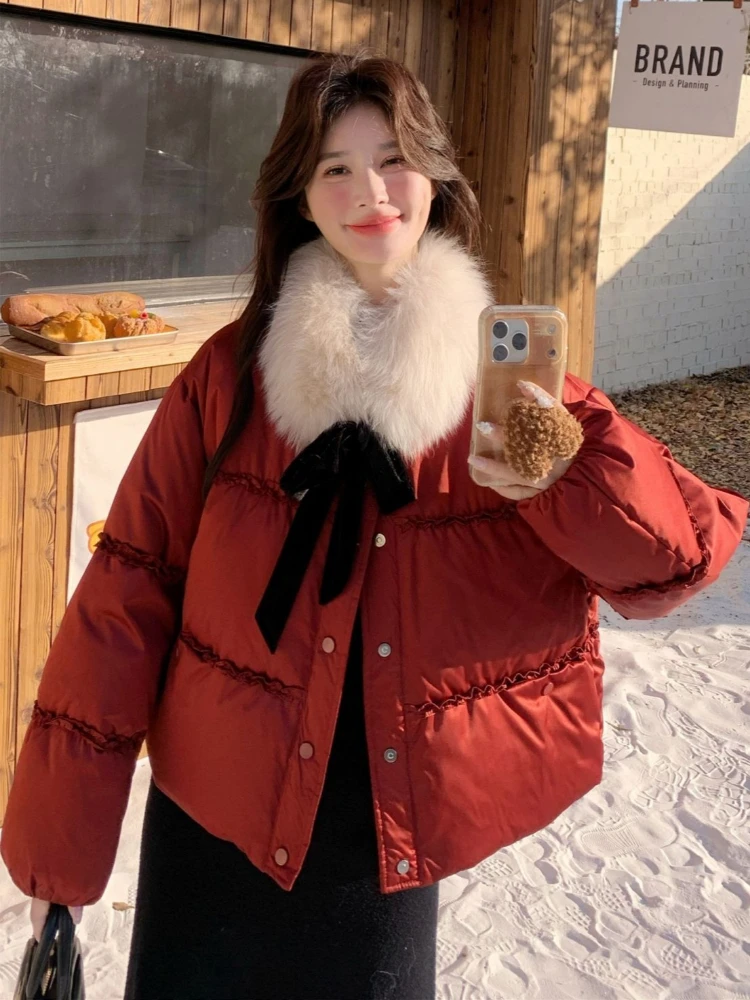 White Duck Down Winter Coat Women Down Jackets Warm Cute Fur Collar Ruffled Quilted Coat Puffer Jacket Winter Clothes Trendy
