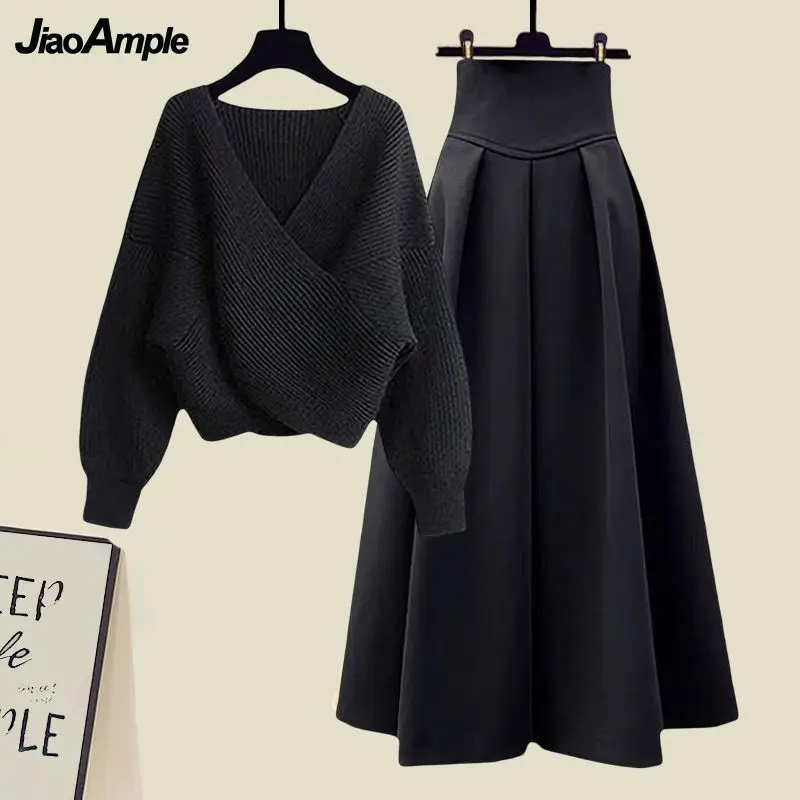 Women\'s Autumn Winter New Fashion Cross Knit Sweater Midi Skirt Two Piece Suit Korean Elegant Loose Pullover Dress Matching Set