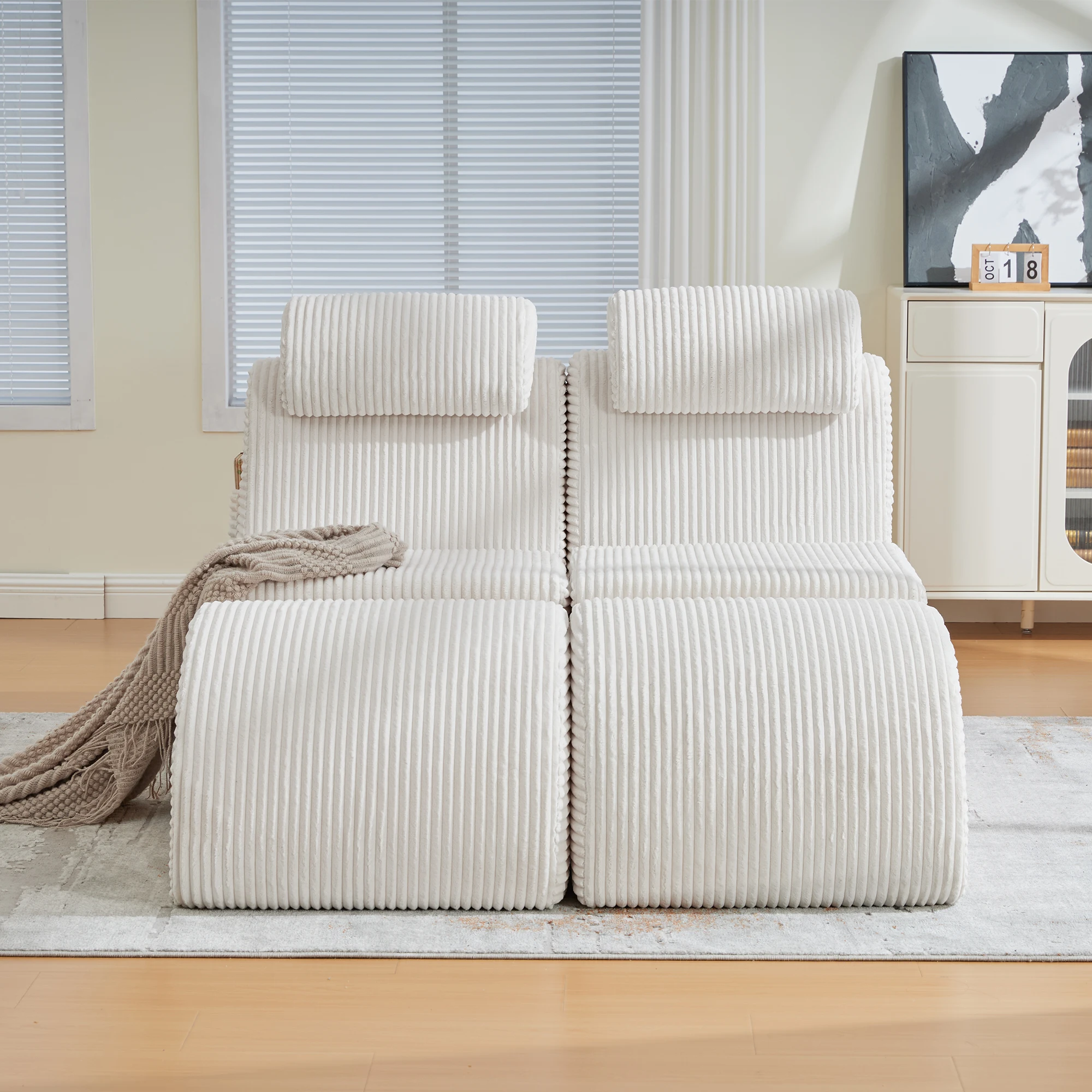 Fauteuil ergonomique avec coussin amovible et poche latérale en velours côtelé beige 160 × 66 × 90 cm