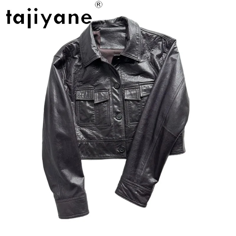 TAJIYANE Oil Waxed Sheepskin Thin Leather Coat Genuine Leather Jacket Woman Cropped Biker Jackets for Woman Slim Fit 가죽자켓 2026