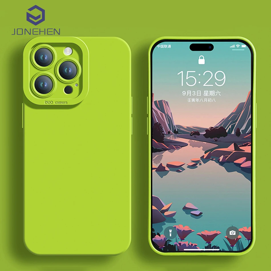 Luxury Liquid Silicone Shockproof Mustard Green Case For iPhone 13 12 11 14 Plus 15 16 Pro Max XR XS X 13 Mini Bumper Back Cover