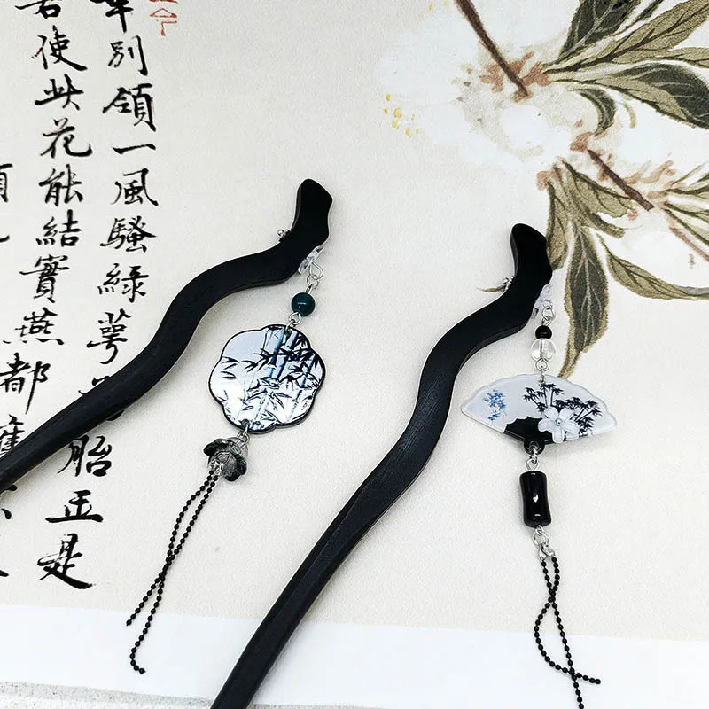 إكسسوار شعر على الطراز الصيني، لوحة غسيل بالحبر، قلادة على شكل مروحة من أوراق الخيزران، شرابة، أغطية رأس دبوس شعر بارد وأنيق #3