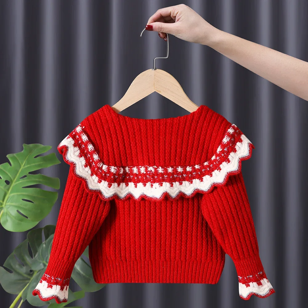 Korean Autumn Winter Infant Girl Sweater Cotton Thicken Peter Pen Collar Kids Girls Cardigan Floral Cuff Princess Belle Knitwear