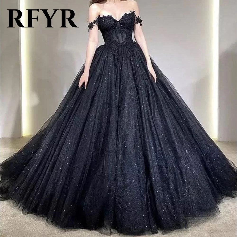 

RFYR Off the Shoulder Charming Prom Dress Gown Black A Line Formal Gown Sequin Glitter Appliques Evening Gown vestidos de noche