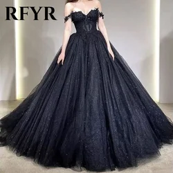 RFYR Off the Shoulder Charming Prom Dress Gown Black A Line  Formal Gown Sequin Glitter Appliques Evening Gown vestidos de noche