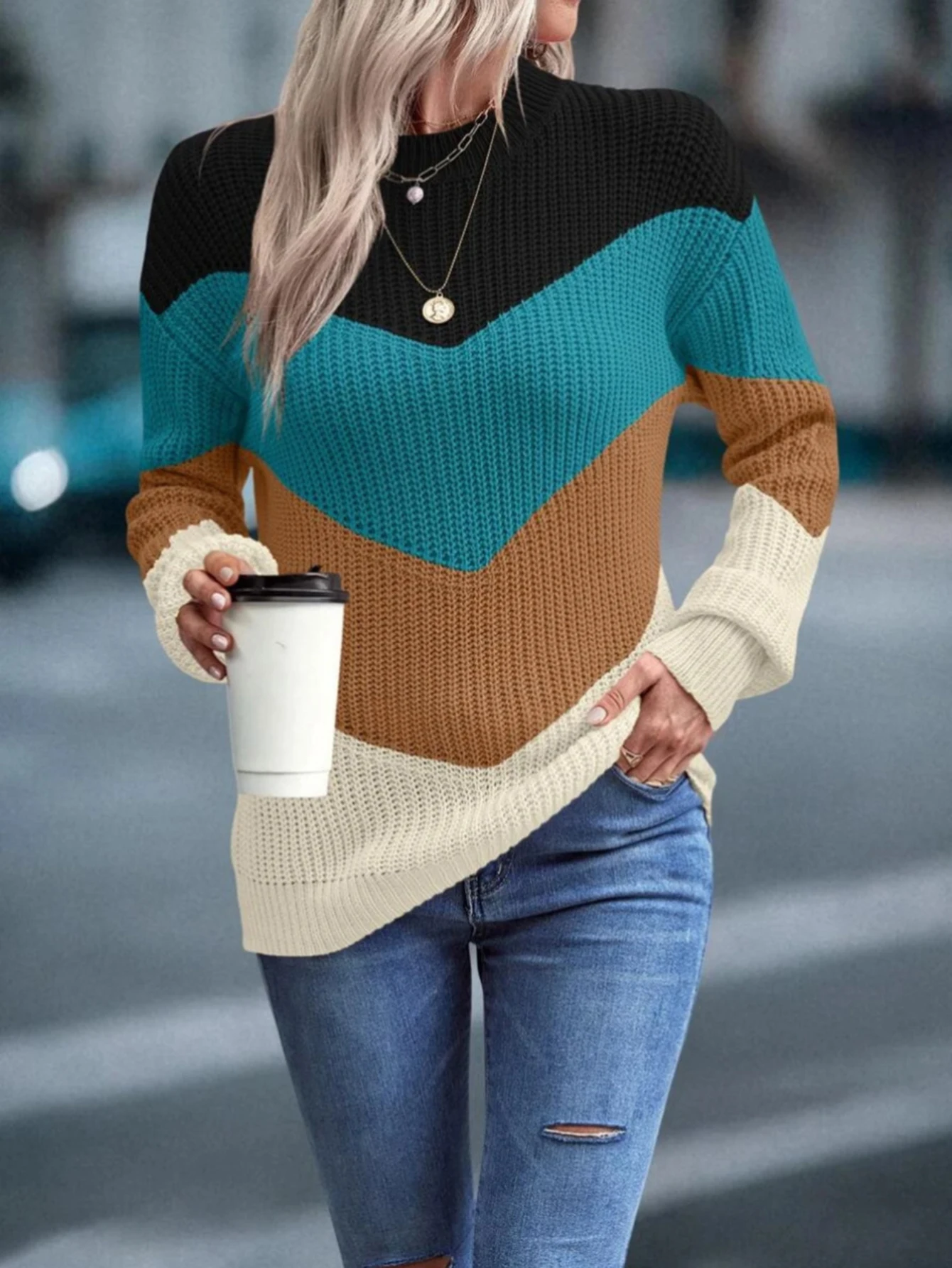 

Women's Patchwork Sweater Autumn Winter Fashion Crew Neck Long Sleeve Regular Fit Daily Wear