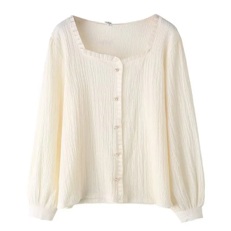 

2025 3XL 4XL рубашка больших размеров женская ранняя весна квадратный воротник микро складная блузка с длинным рукавом 643