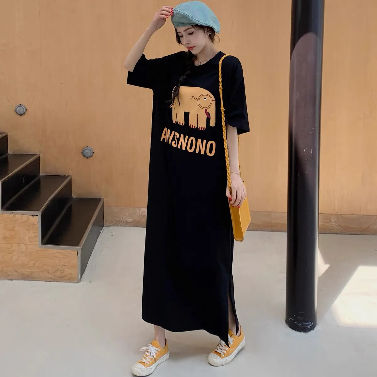 T-shirt ample mi-long, jupe coréenne Sle ort Sve, vêtements d'extérieur fendus, en Polyester, pour les déplacements, h-ape, été Dr