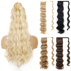 Jeedou Synthetic Hair Body Wavy Ponytails Wrap Around Ponytail Extension Black Blonde Color Messy Bohemian Style Hairpiece