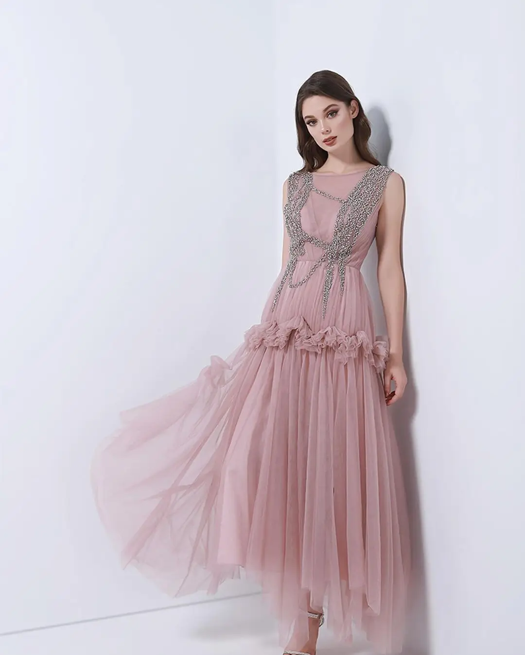 

Lovestory Asymmetrical Tulle Prom Dresses Ruched A Line Wedding Guests Dress O-Neck Beaded Sleeveless Evening Party Formal Gowns