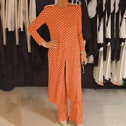 Fashion Round Neck Slit Long Top & Long Pant Set Women Casual Long Sleeve Loose 2Pc Outfit Elegant Polka Dot Print Commuter Suit