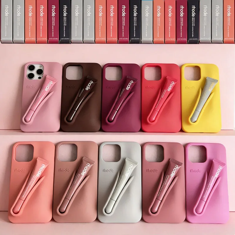 Image of Modische Silikon-Handyhülle mit Lippenstift-Halter für iPhone 14 13 15 16 11 12 17 Air Pro Max Plus, Stoßfeste Schutzhülle