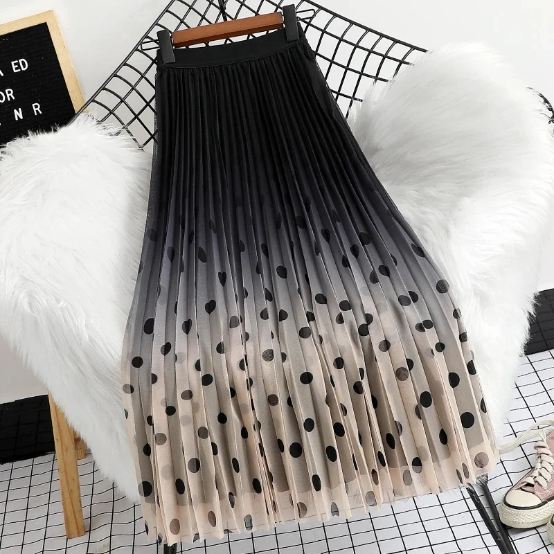 Summer Female Gradient Polka Dot Mesh Maxi Skirts 2025 Women New High Waist Big Skirts Ladies Printed Pleated Mid Length Skirts