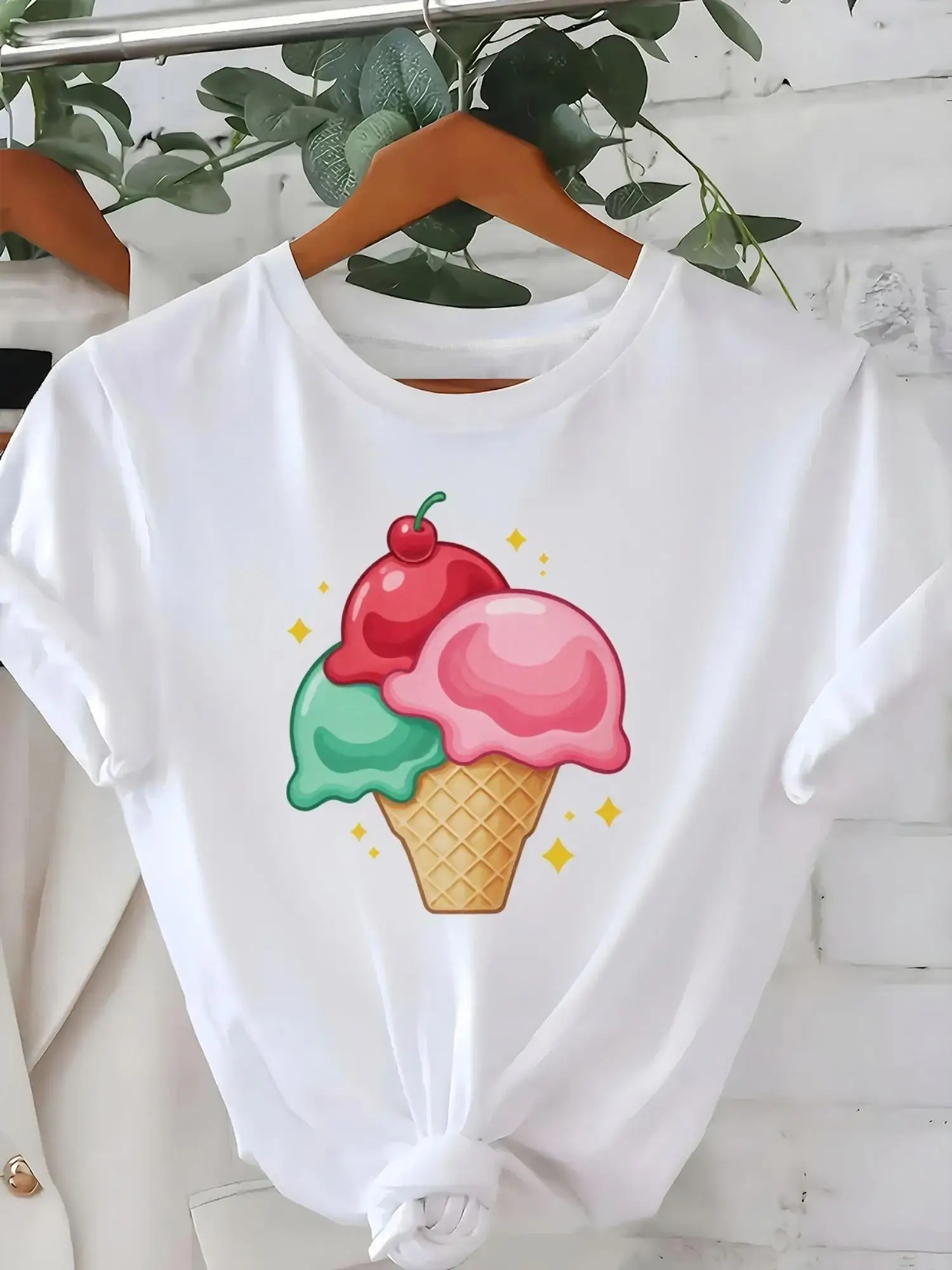 

Women's Ice Cream Print Casual Short Sleeve Playful Sweet Style Summer T-Shirt Digital Pattern