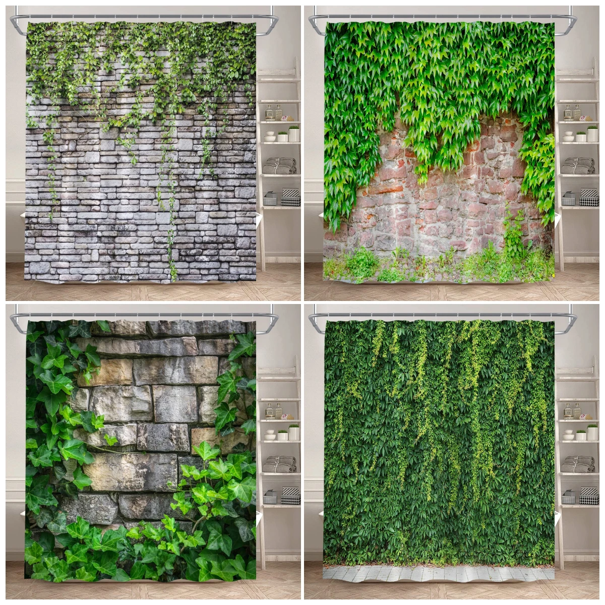 Vintage Brick Wall Green Leaves Shower Curtains Rustic Vine Plant Leaf Grey Stone Polyester Fabric Bathroom Curtain Decorative