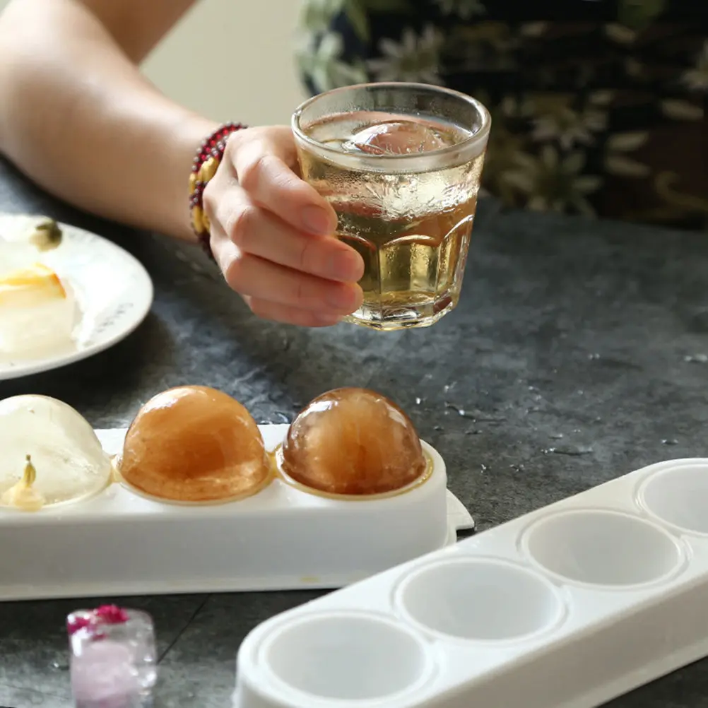 Round Ball Ice Cube Tray 4 Sections Food Safe Flexible Easy Out Ice Mold for Juices Cocktails Coffee Freezing Baking Cake Mousse