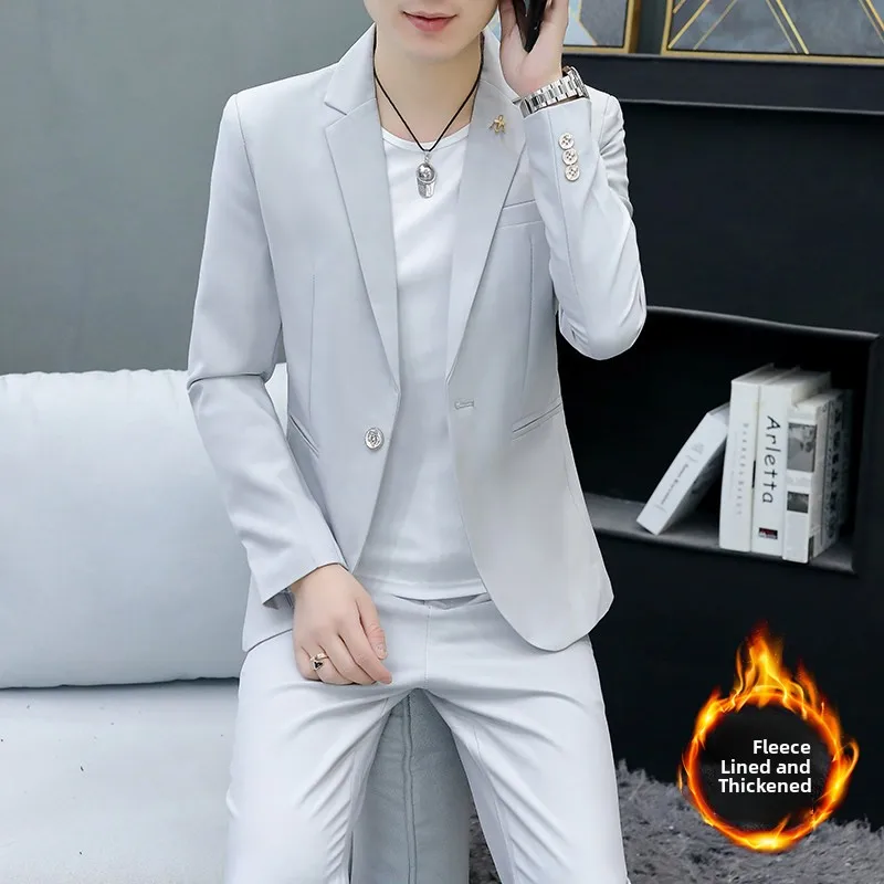 

Мужской деловой повседневный костюм-двойка с флисовой подкладкой, осенне-зимний, модный, элегантный, в британском стиле, однотонный, для свадьбы, пальто