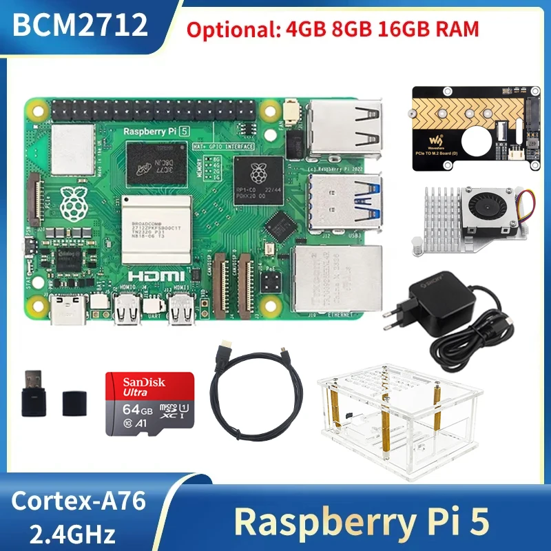 

Плата разработки Raspberry Pi 5 4 ГБ 8 ГБ 16 ГБ ОЗУ BCM2712 Cortex-A76 2,4 ГГц VideoCore Дополнительный чехол для Raspberry Pi 5