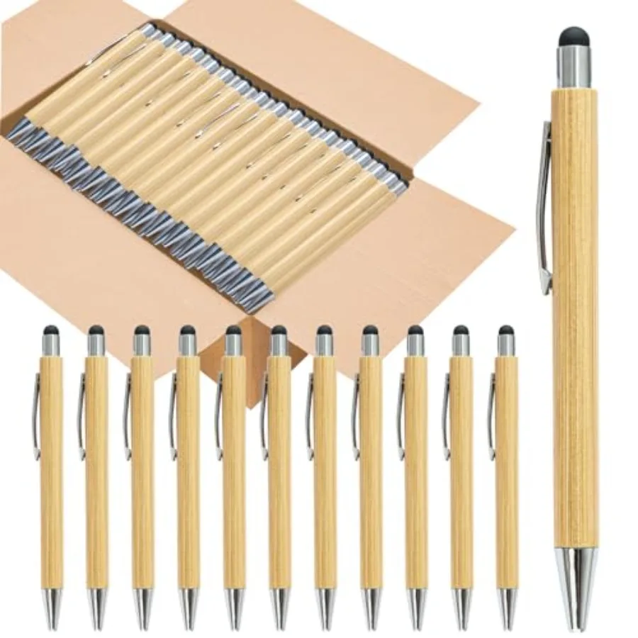 

100pcs Bamboo Pens Bulk with Touch Stylus Tip Wooden Bamboo Pens Engraving Wooden Ballpoint Pen Customizable Gift Pen Bulk