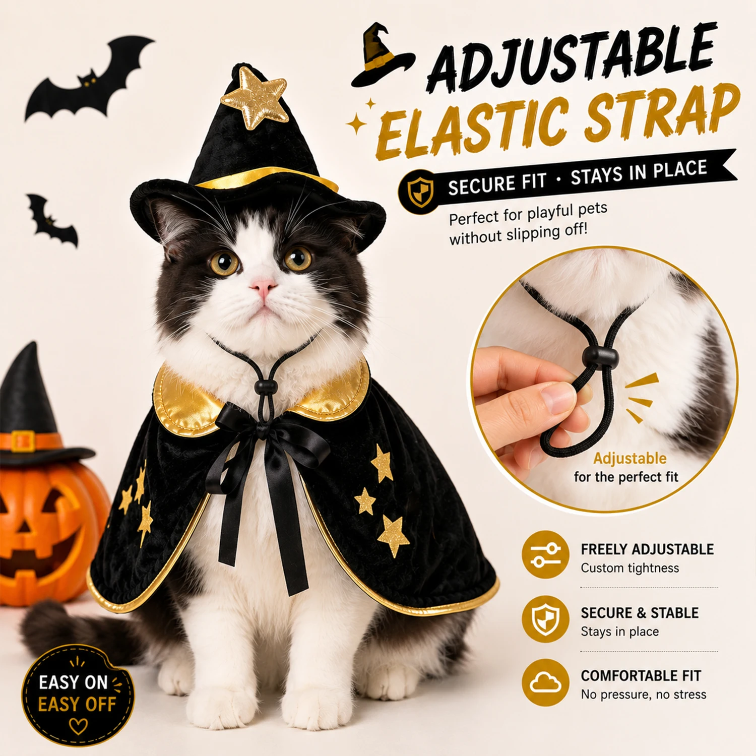 Halloween-Zauberer-Kostüm für Katzen und Hunde, schwarzer, goldfarbener Umhang mit Sternenmuster, passender Hexenhut, verstellbarer Riemen, macht Spaß. – Detail 4