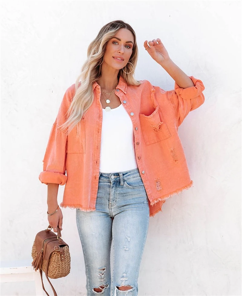 سترة نسائية فضفاضة مغسولة على طراز الشارع من قماش الدنيم للخريف والشتاء وصلت حديثًا مادة قطنية ملابس مريحة بأكمام طويلة #5