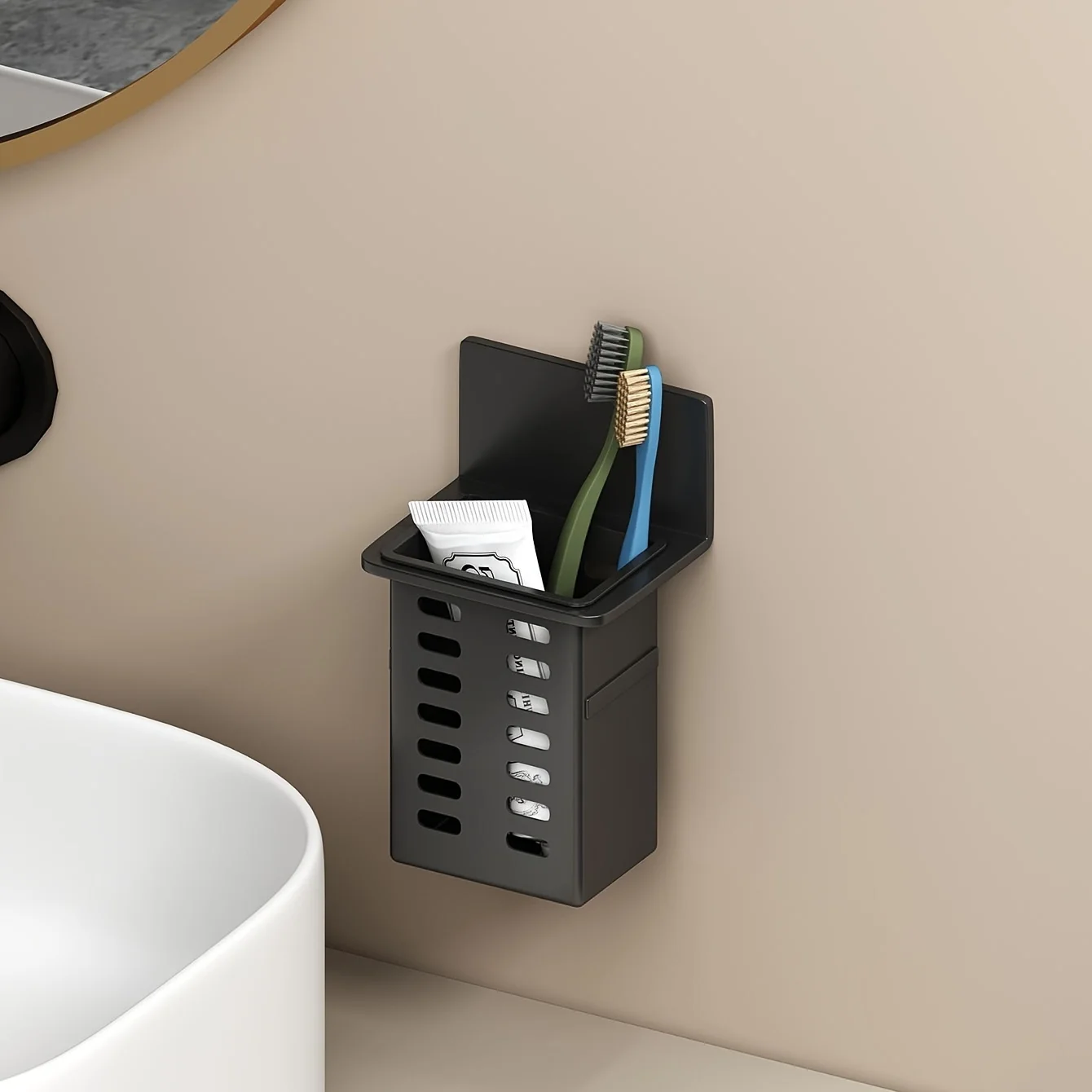 1 Funktionaler Zahnpasta- und Zahnbürstenhalter für das Badezimmer, wandmontiertes Zahnbürsten-Aufbewahrungsregal, Badezimmer-Aufbewahrungsregal – Detail 8