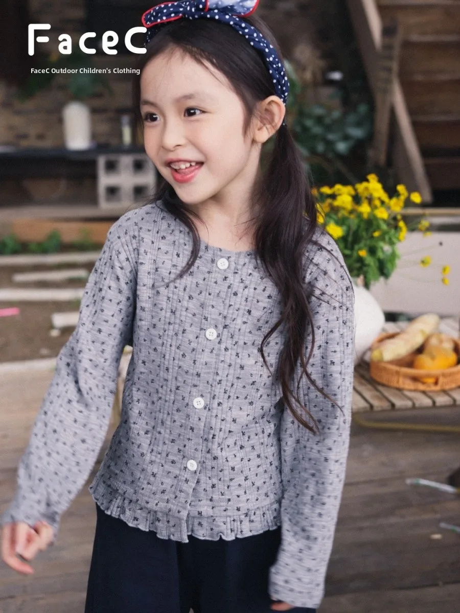 Outdoor Floral Long Sleeve T-Shirt for Girls Spring Autumn Style Slim Fit Camping Cardigan Shirt Children's Cotton Polyester ...