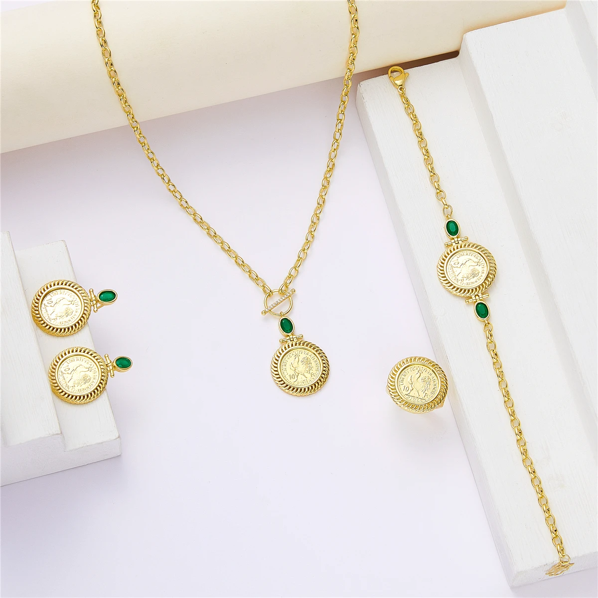 LUIZADA 2022 May hot selling accessories wedding jewelry set for women Coin jewelry with Brave cock Necklace Bracelet