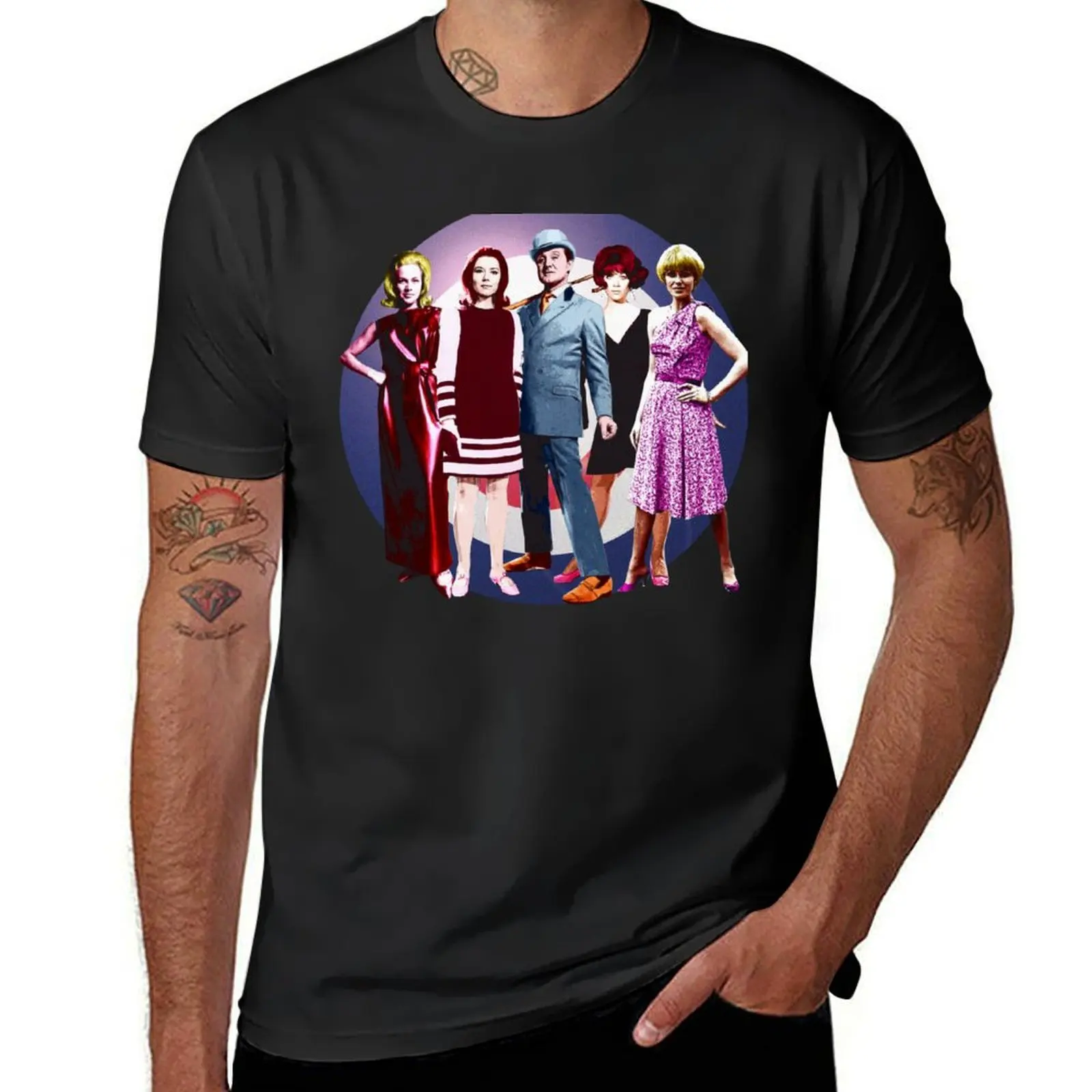 1960s Spyfi JOHN STEED & Partners CATHY GALE, EMMA PEEL, TARA KING, PURDEY Pop Art T-Shirt plain men clothes