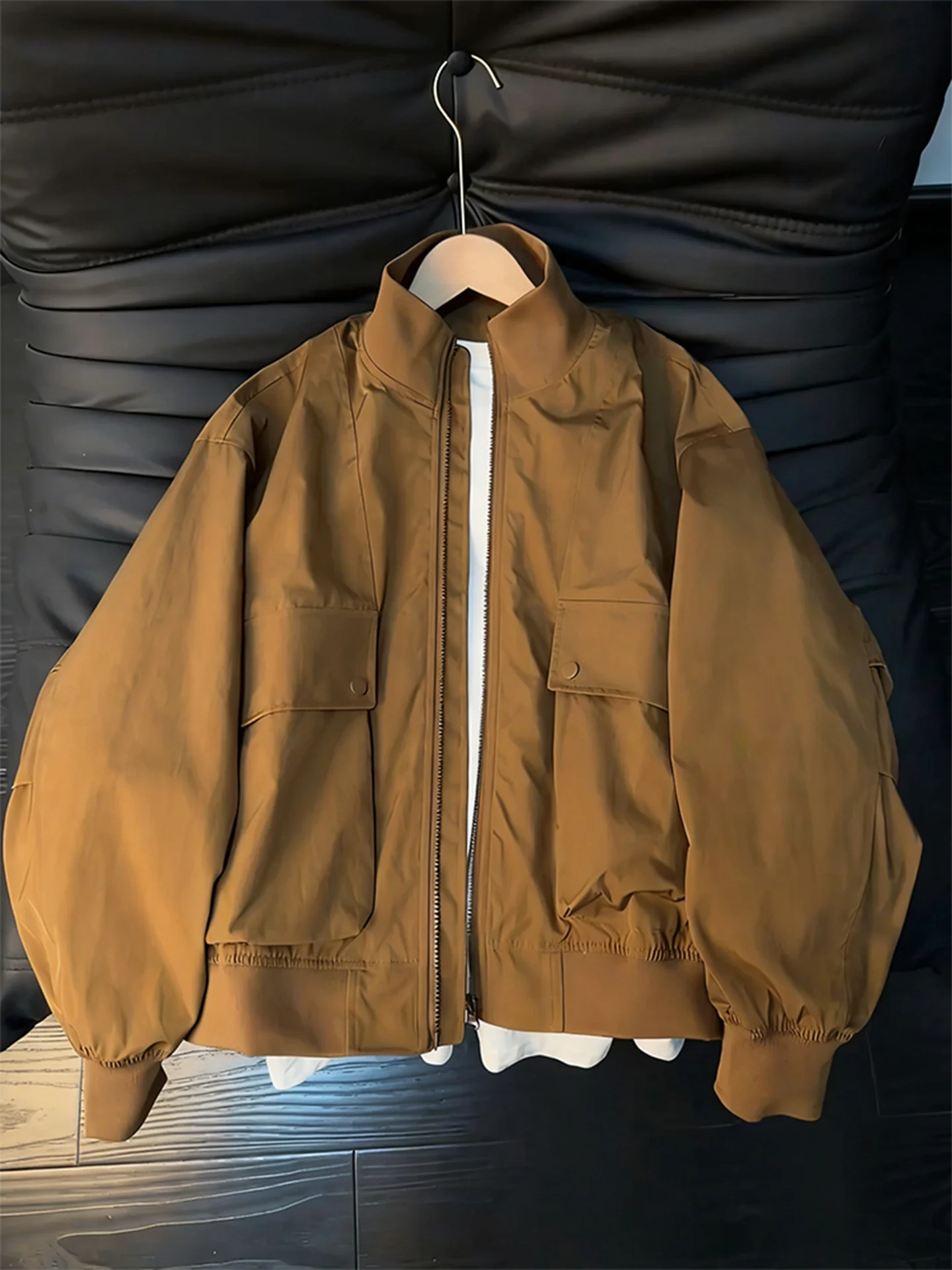 Barnes Brown Men's Spring Autumn Flight Jacket American Style Workwear Coat Three-Proof Stand Collar Baseball  Jacket