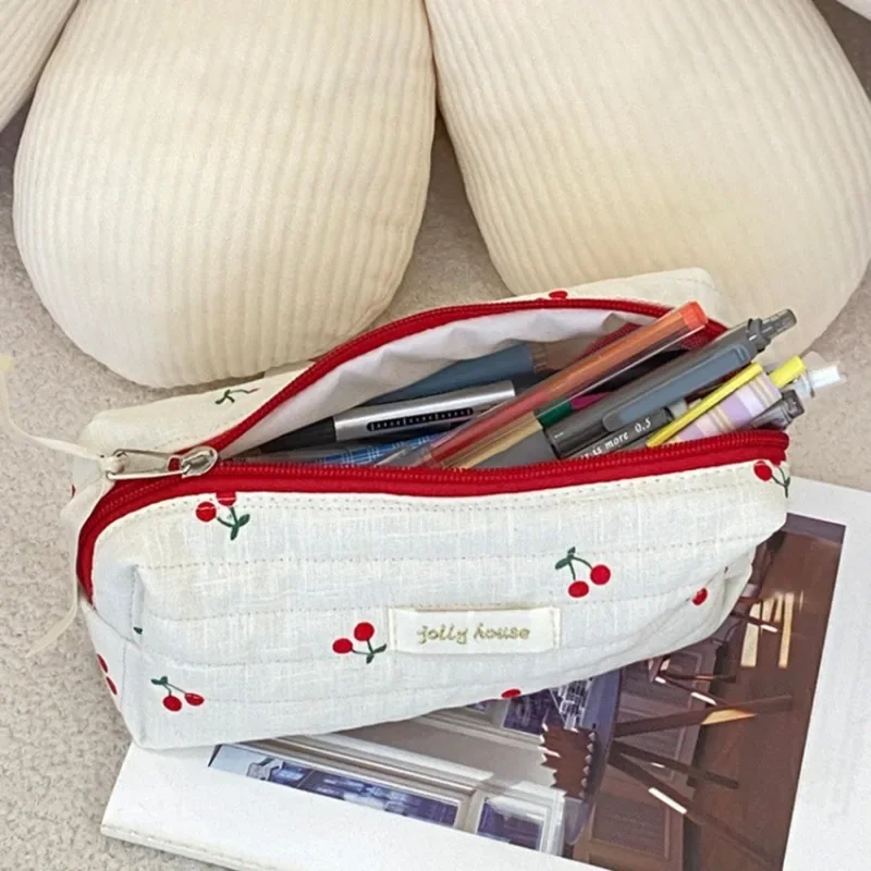 Quilted Cotton Cosmetic Bags  Retro Cherry Women\'s Ladies Travel Storage Bag Cute Design Girls Pencil Case Makeup Bag Handbags