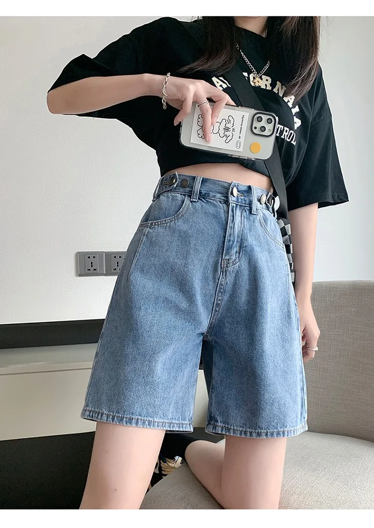 Pantalon ort en Denim bleu profond pour femmes, ample, cinq-quarts, taille haute, fermeture éclair, sensation de fraîcheur, Design de mode d'été