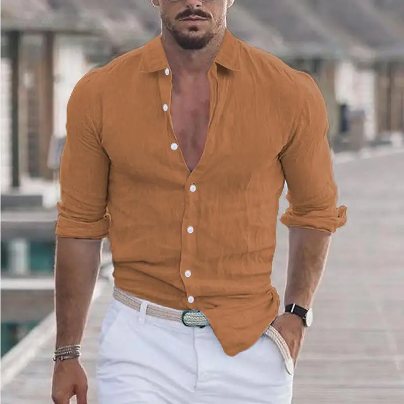 2025 New Men's Summer Cotton and Linen Lapel Beach Shirt Long Sleeve Solid Color Clothing