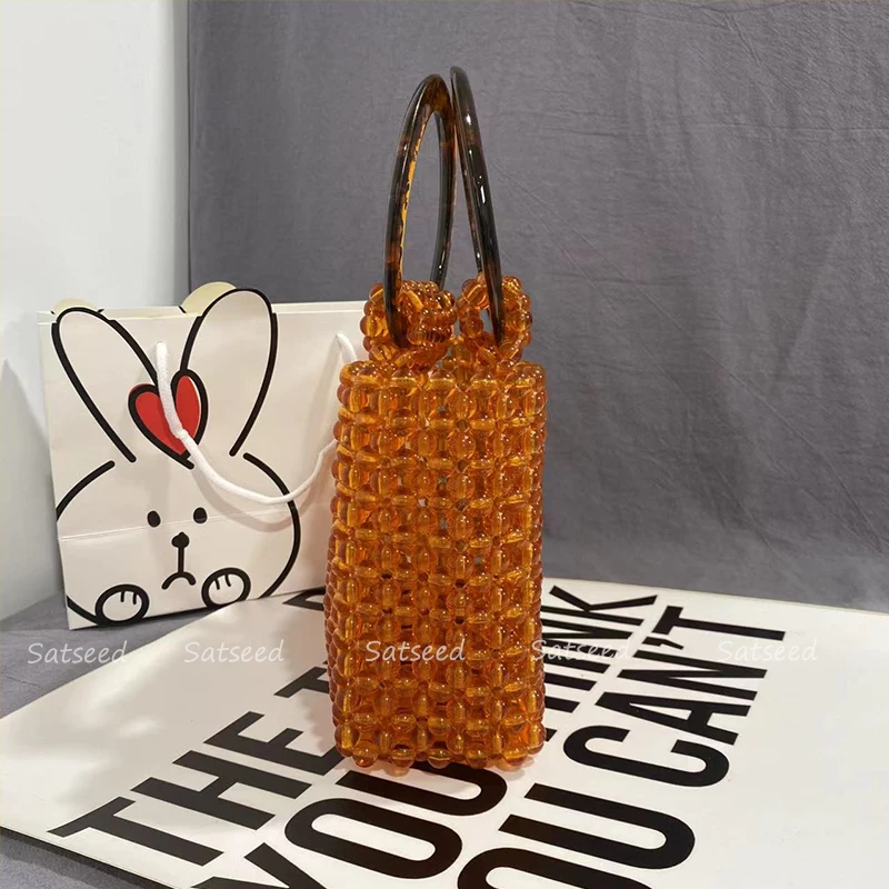 Women Colored Transparent Beaded Acrylic Handbag Evening Handmade Bags for Wedding Party Brown Gift for Her Special Occasion