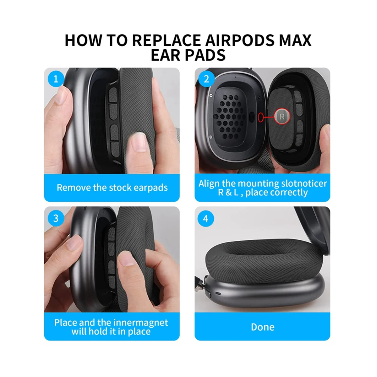 A57G-For Apple Airpods Max غطاء إسفنجي للأذنين متعدد الوظائف زوج واحد من ملحقات وسادة الأذن، فضي رمادي