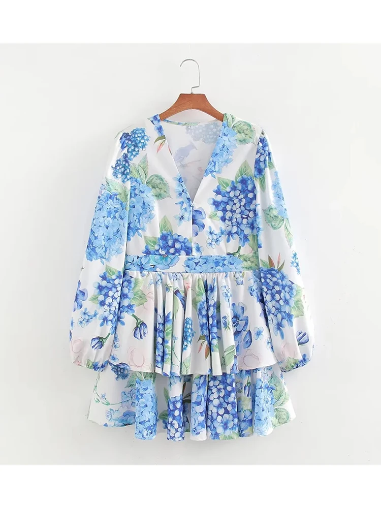 Women's Elegant Blue Flower Print High Waist Cascading Mini Dress, V-Neck, Long Puff Sleeve, Summer Short Dresses, New, 2024