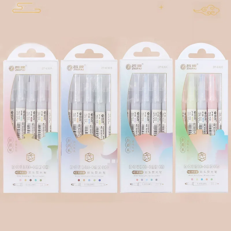 5Color/box Kawaii Double Headed Highlighters Set Macaron Color Fluorescent Pens Japanese Cute Manga Art Stationery Markers