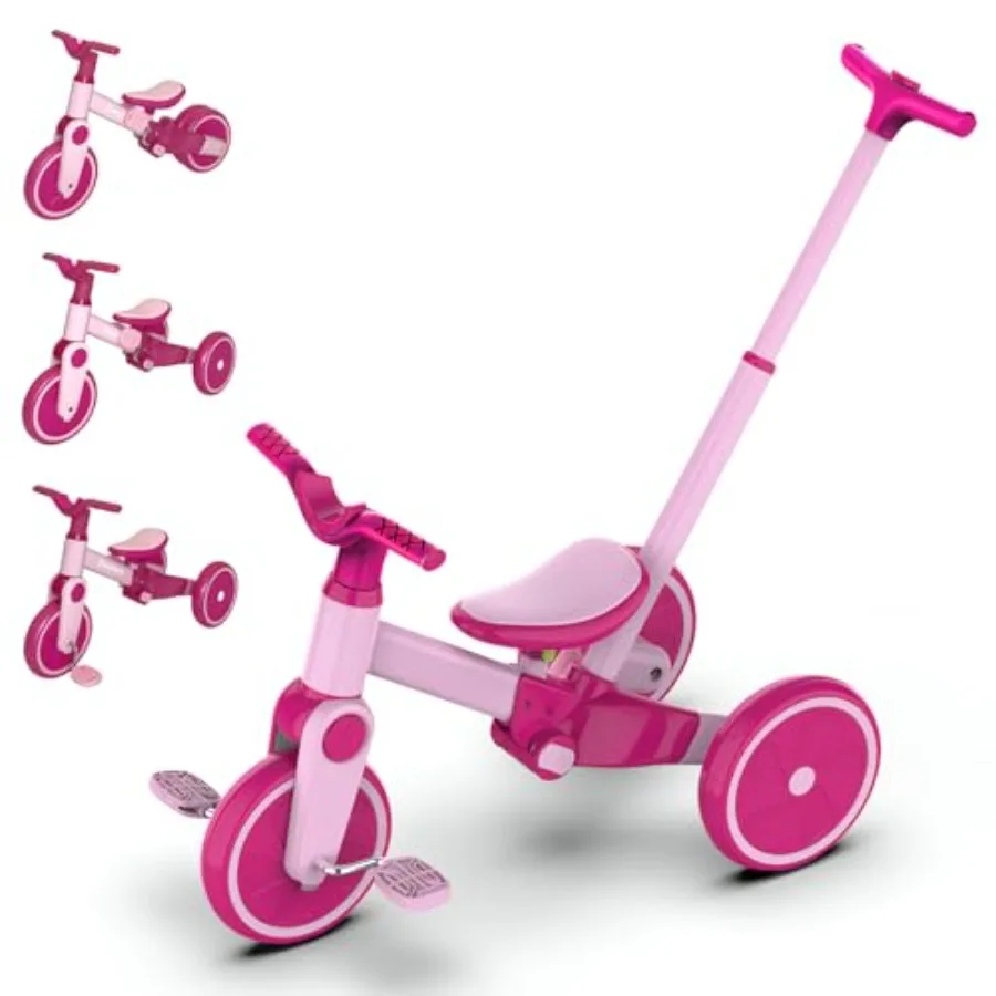 

5 in 1 Toddler Balance Bike for 1-3 Year Olds with Removable Pedal Foldable Tricycle Push Handle Pink