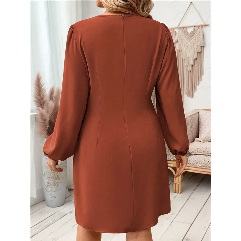 ABRT-grande taille femme portefeuille col en V moulante Mini robe bouffante manches longues froncé