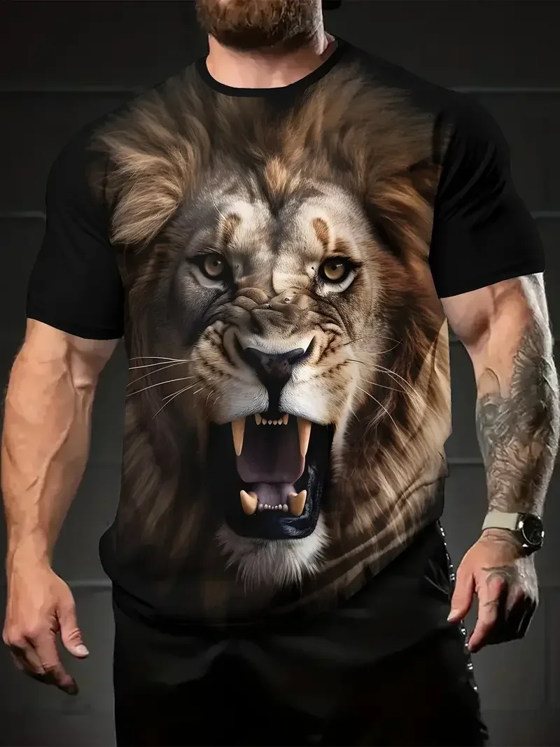 

Summer men's short sleeved T-shirt Lion 3D printed round neck short sleeved casual outdoor street wear sports top T-shirt