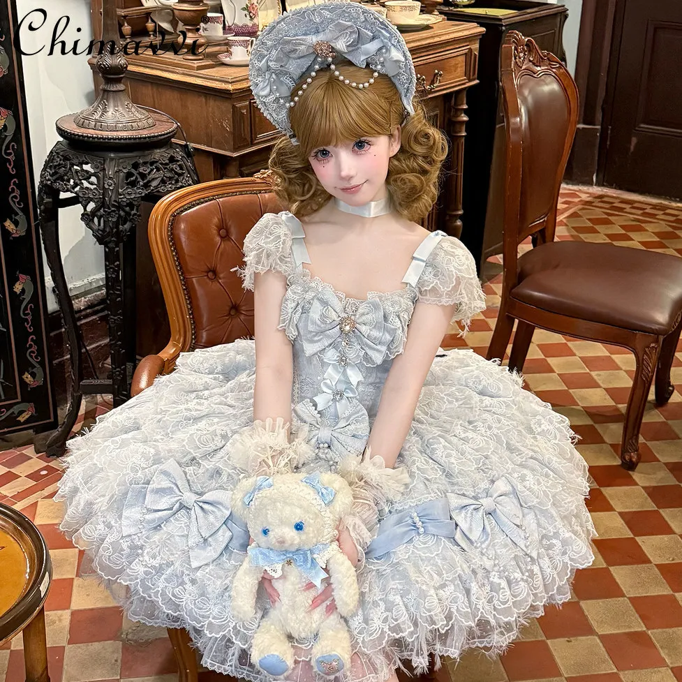 

Original Design Lolita Dress Wedding Jsk Slip Dress Spring and Summer Heavily Embellished Lace Sweet Bow Fairy Princess Dress