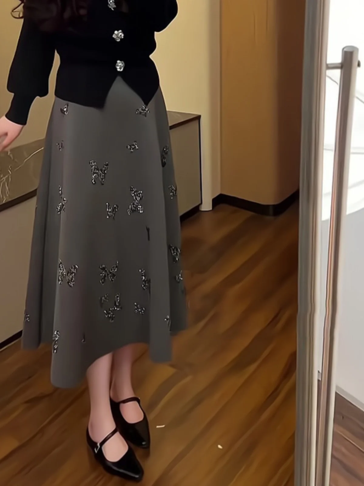 

Plus Size Ele ey iny Sequin Embroidery A-Line Skirt Women's Spring High Waist Slimming Skirts Korean Sle Commute