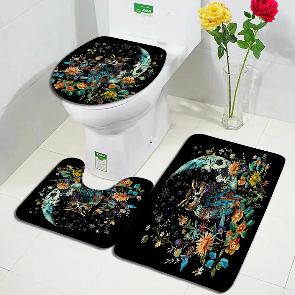 Funny Owl Bath Mat Set Vintage Plant Moon Floral Black Home Doormat Carpet Kids Bathroom Decorative Floor Rugs Toilet Lid Cover