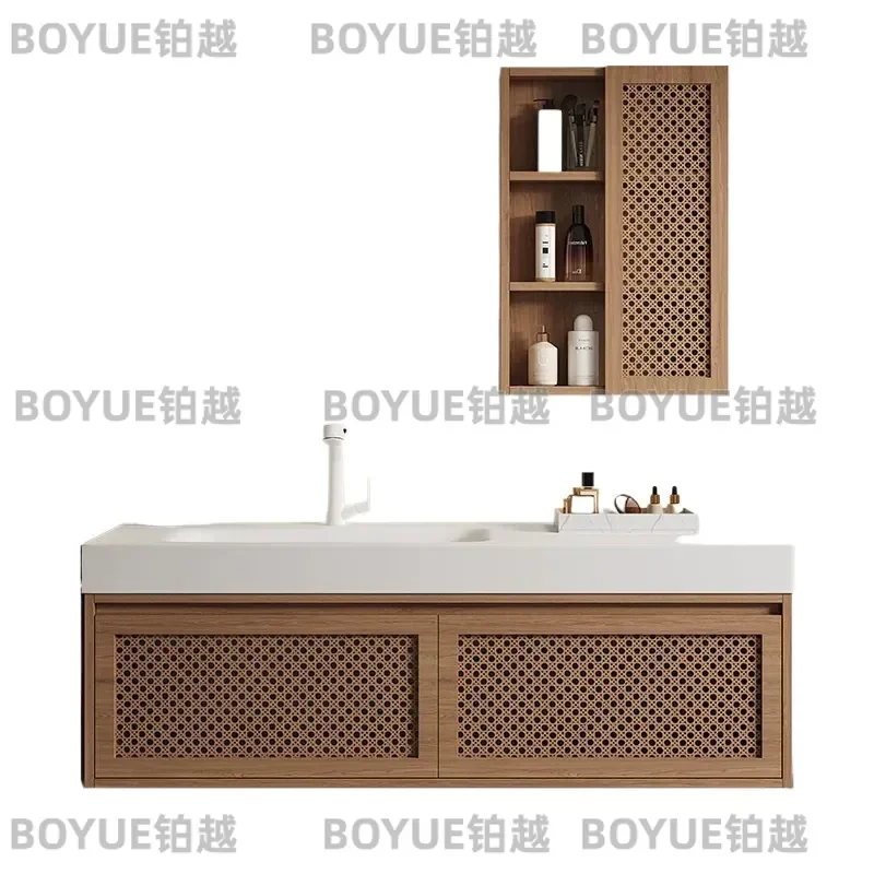Retro Rattan Bathroom Vanity with Integrated Corian Basin Solid Wood Washstand Modern Farmhouse Sink Cabinet Combo