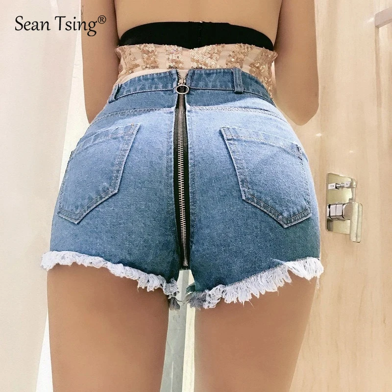 

Sean Tsing® Skinny Ripped Denim Shorts Women Sexy Back Zipper Streetwear Casual Cowboys Hot Pants Jeans Female Clothing N0028