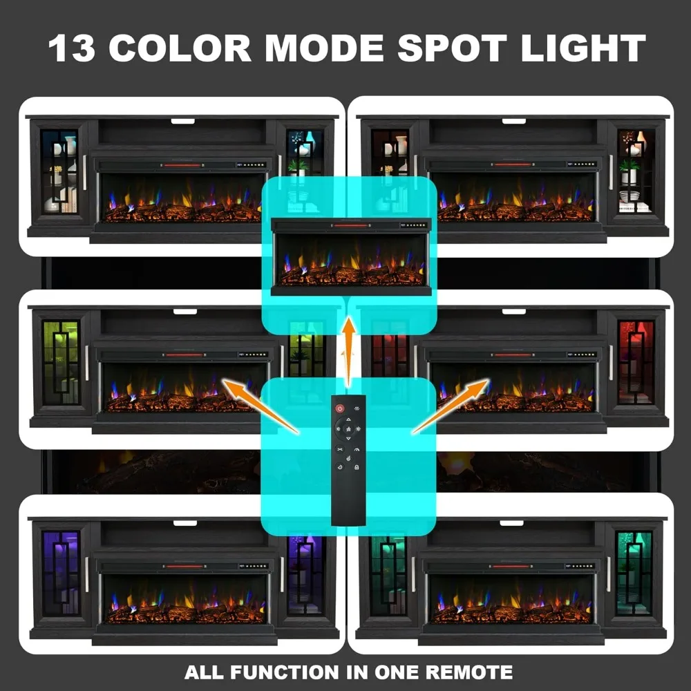 75 Inch Electric Fireplace TV Stand, 3- Side Glass LED Modern Media Entertainment Center Console Table for TVs up to 80/85 Inch